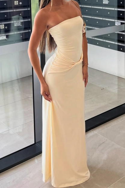 Cream-colored Semi-formal Strapless Pleated Sheath Prom Dress