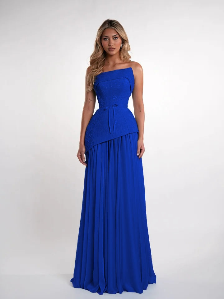 Charming Blue Straight Across Sleeveless Sequins Pleated Evening Dress