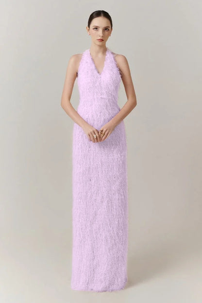 Sleeveless Halter Straps V-Neck Feathered Mermaid Evening Dress with Pearl Details
