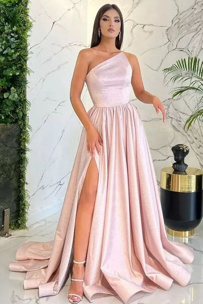 Light Pink One Shoulder Sleeveless Evening Dress with Slit