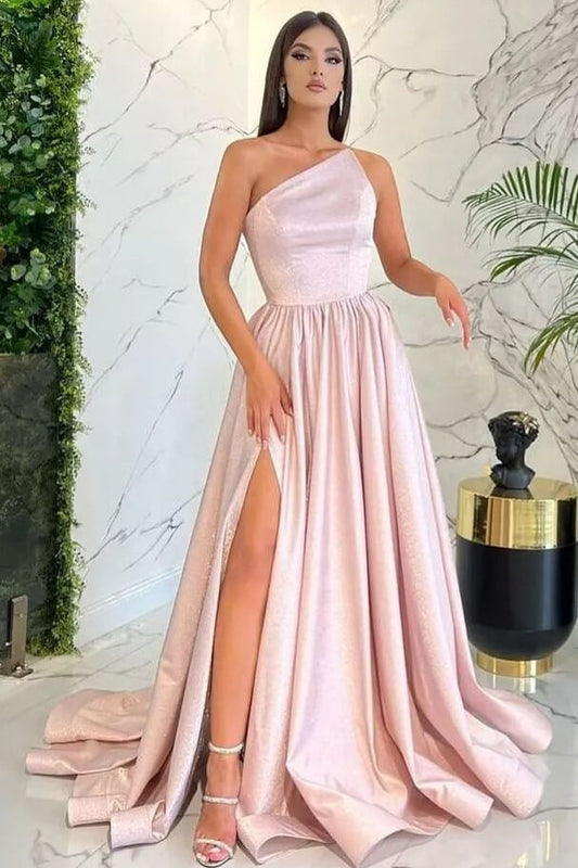 Light Pink One Shoulder Sleeveless Evening Dress with Slit