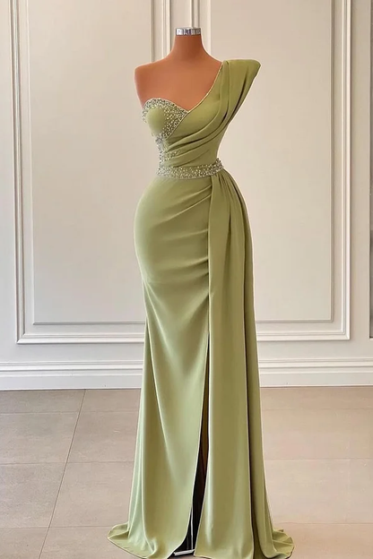 Green Sleeveless One-Shoulders Strap Beads Mermaid Prom Dress