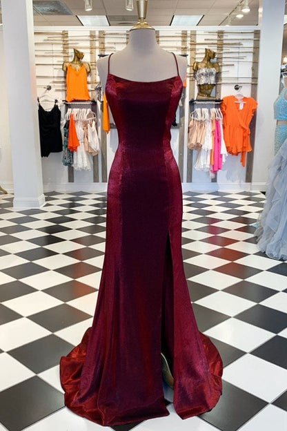 Burgundy Strapless Mermaid Evening Dress Slit Simple