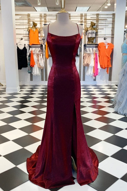 Burgundy Strapless Mermaid Evening Dress Slit Simple