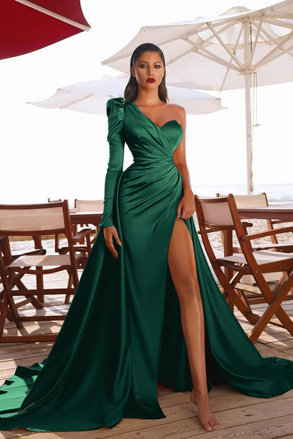 Glamorous One Shoulder Long Sleeves Prom Dres With Slit