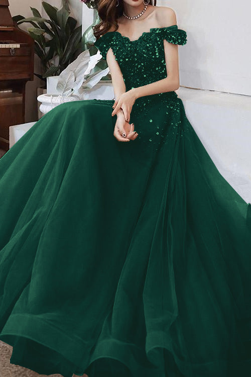 Champagne Long Evening Dress Off-The-Shoulder Sweetheart Sequins