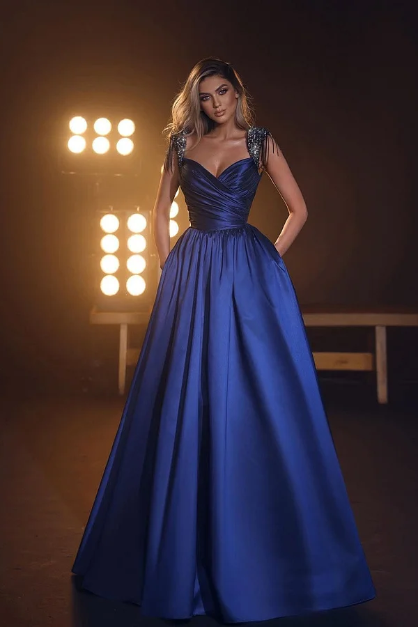 Royal Blue Sleeveless V-Neck Mermaid Beadeds Prom Dress