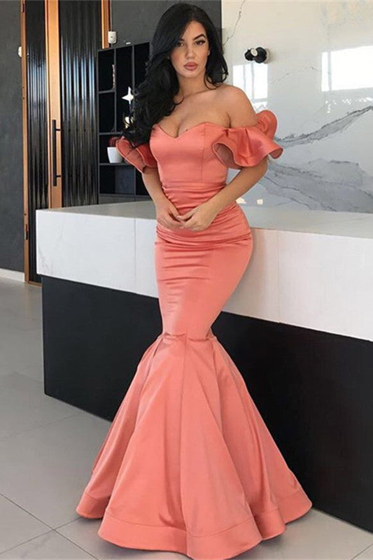 Off-the-Shoulder Coral Long Mermaid Prom Dress