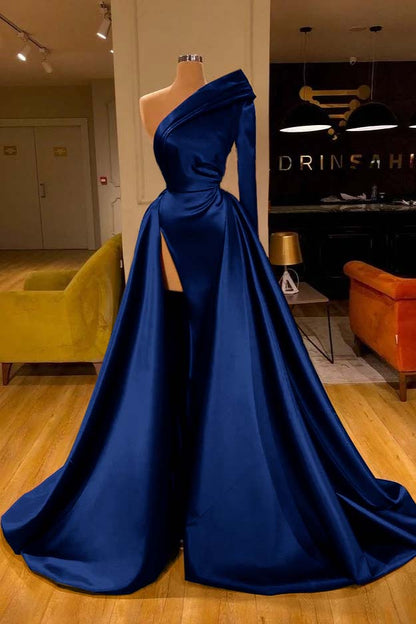 One Shoulder Slit Long Sleeves Prom Dress Overskirt