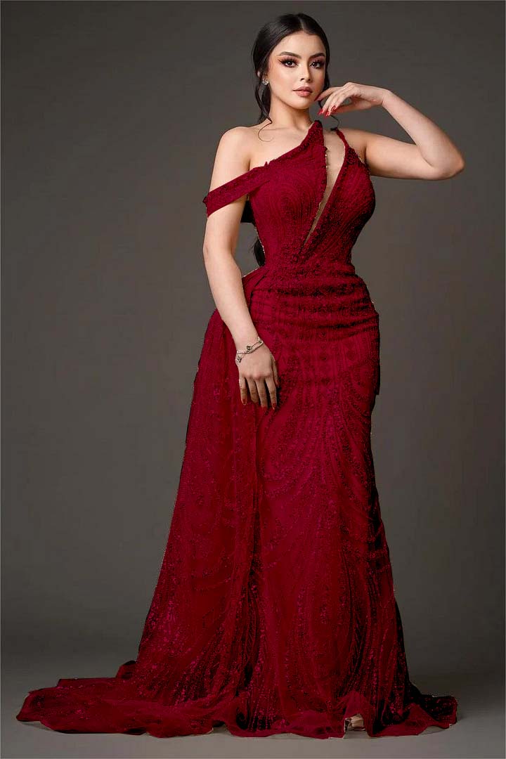 One-Shoulder Sleeveless Beaded Embroidery Mermaid Prom Dress