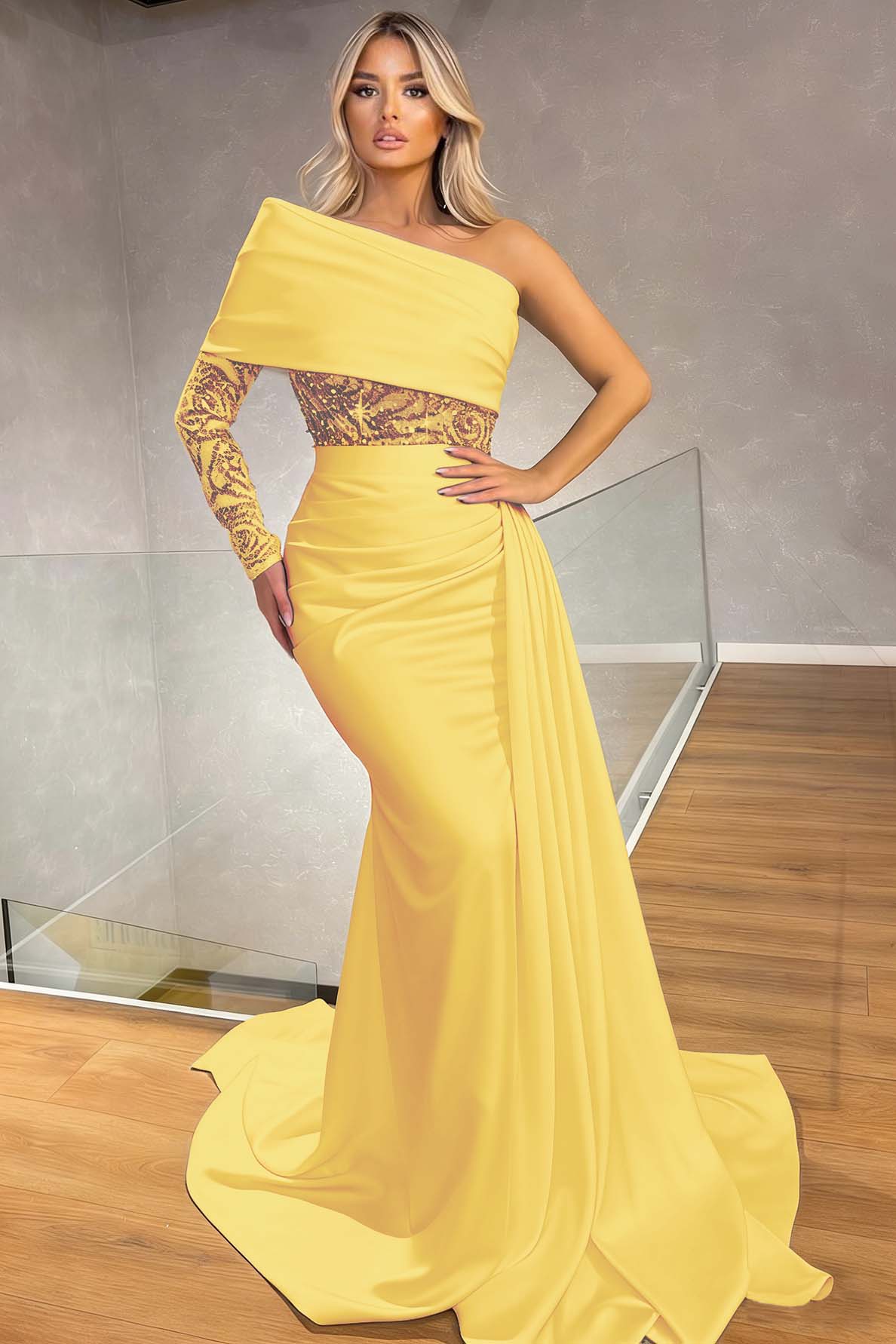 Sexy One Shoulder Long Sleeve Mermaid Evening Dress With Ruffles Sequins
