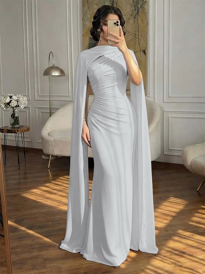 Fashionable Dark Navy Asymmetric Sleeveless Pleated Prom Dress With Scarf