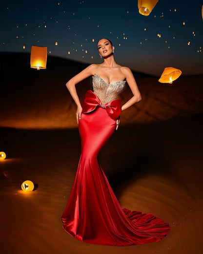 Red Sleeveless Strapless V-Neck Beads Mermaid Prom Dress
