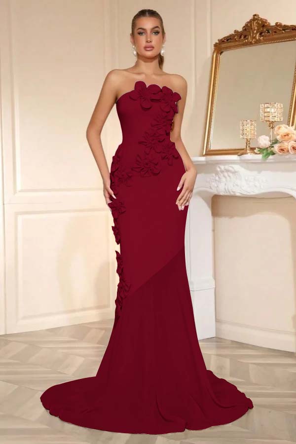 Elegant Sleeveless Satin Square Strapless Mermaid Prom Dress With Handmade Flower