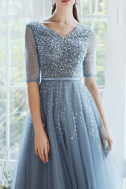 Dusty Blue Hale Sleeves Long Evening Dress Lace-Up With Sequins On Sale