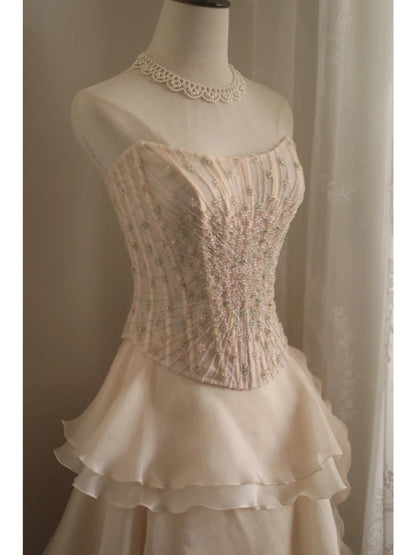 Sweet Pink A-line Strapless Beaded Layered Chiffon Long Prom Dress Evening Dress P4235