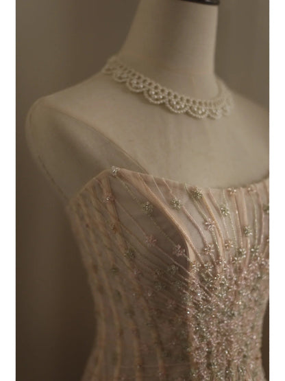 Sweet Pink A-line Strapless Beaded Layered Chiffon Long Prom Dress Evening Dress P4235
