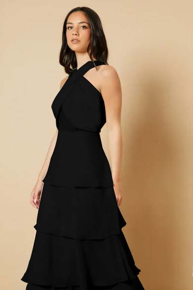 Sleeveless Halter Straps A Line Long Ruffles Prom Dress