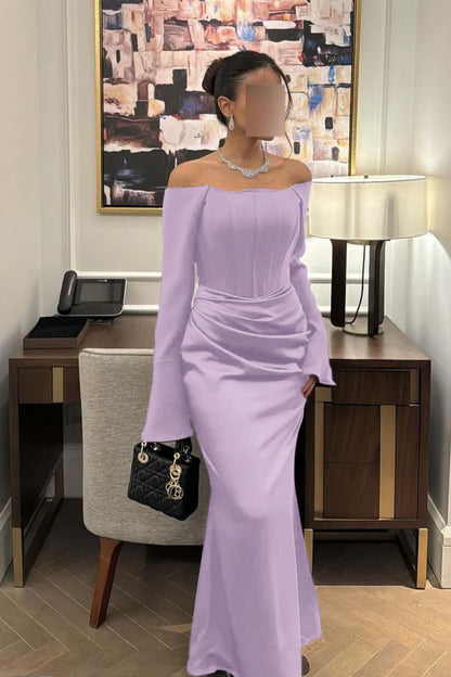 Chic Satin Regency Off the Shoulder Long Sleeves Mermaid Prom Dress with Pleated