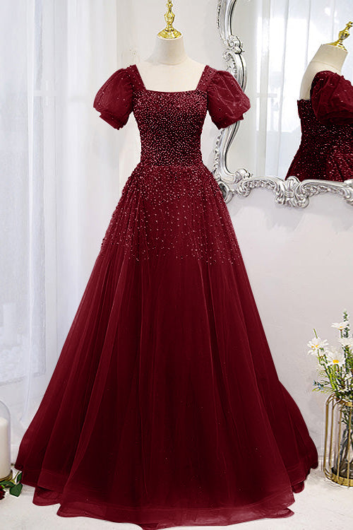 Lace-Up Prom Dress Beadings Short Sleeves With Square Online