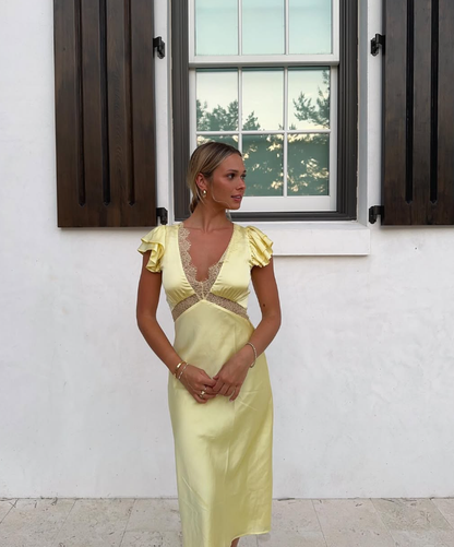 Yellow A Line V Neck Lace Satin Evening Dress Outfits SH1761