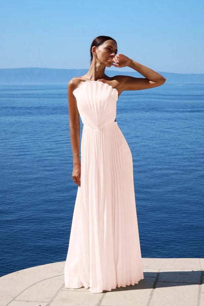 Simple White Sleeveless Strapless Long Prom Dress With Pleated