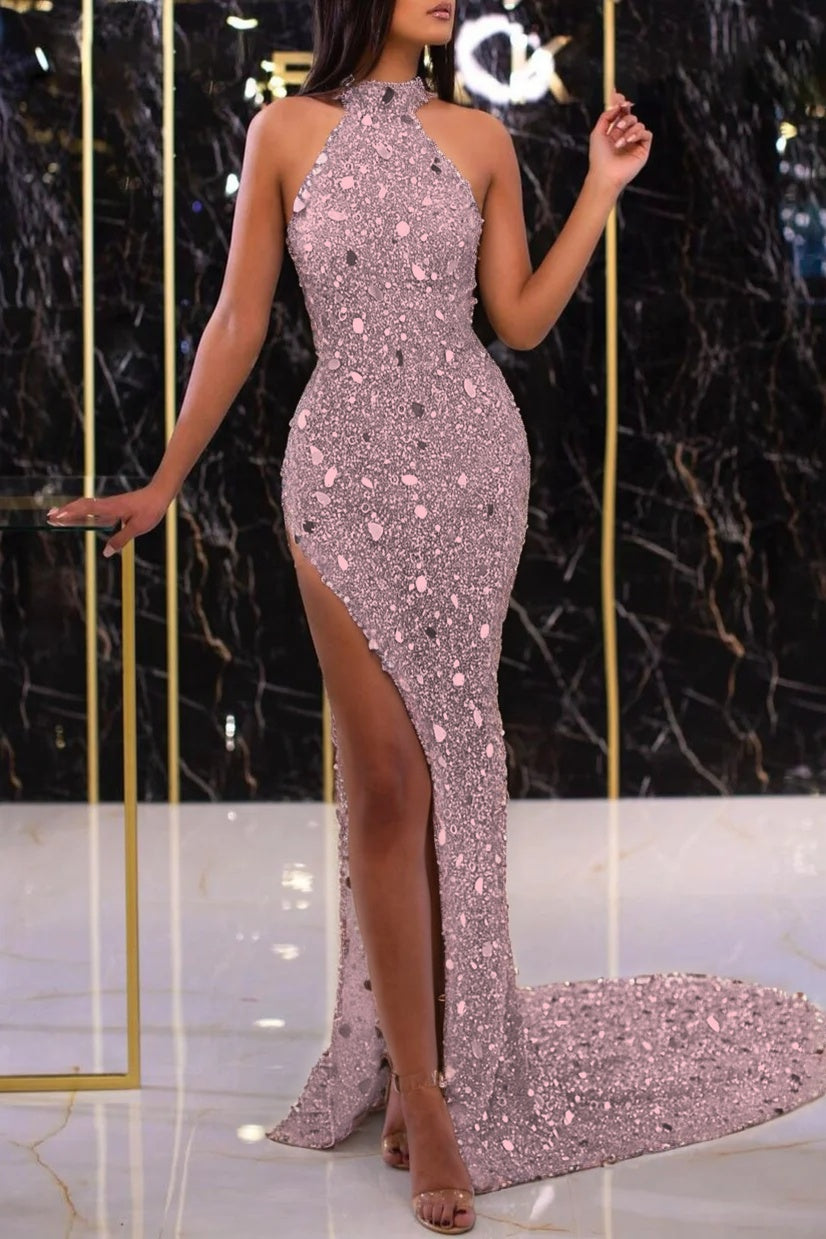 Silver Sleeveless Split Long Mermaid Prom Dress With Sequins