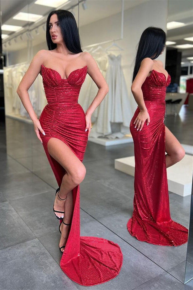 Burgundy Sequins Long Sleeveless Mermaid Prom Dress With Split