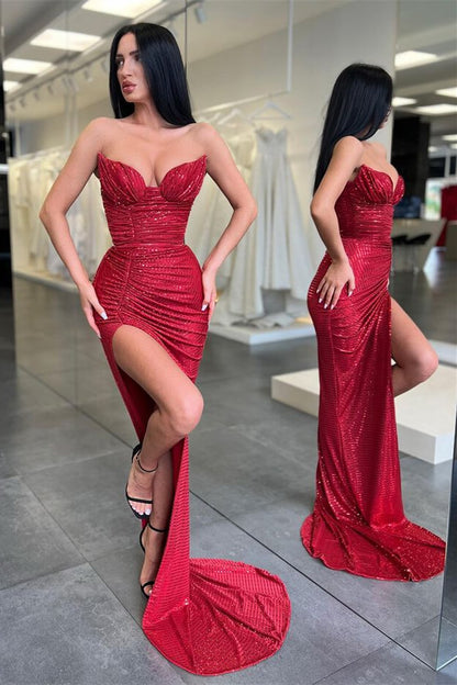 Burgundy Sequins Long Sleeveless Mermaid Prom Dress With Split
