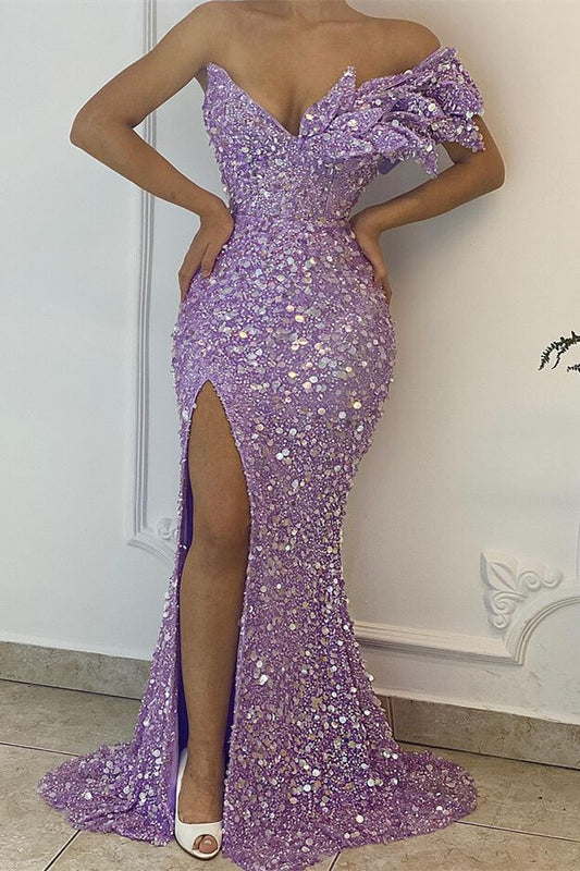 Pretty Lilac  V-Neck Off-The-Shoulder Mermaid Prom Dress