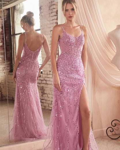 Pink Sleeveless Spaghetti Straps Mermaid Pleated Beads Prom Dress