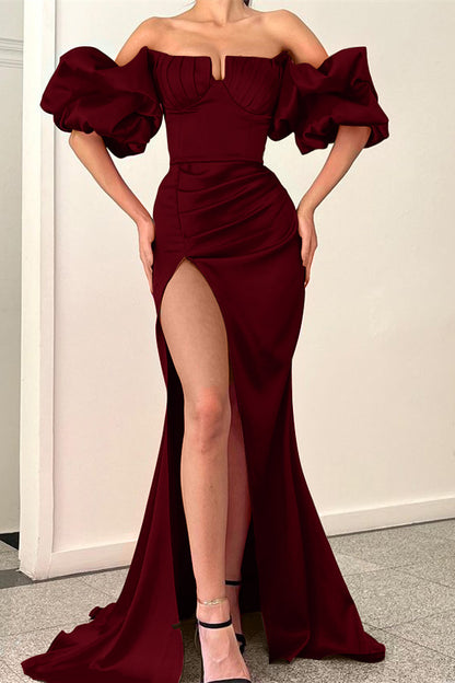 Fuchsia Strapless Off-the-Shoulder Mermaid Puff Sleeves Evening Dress With Split