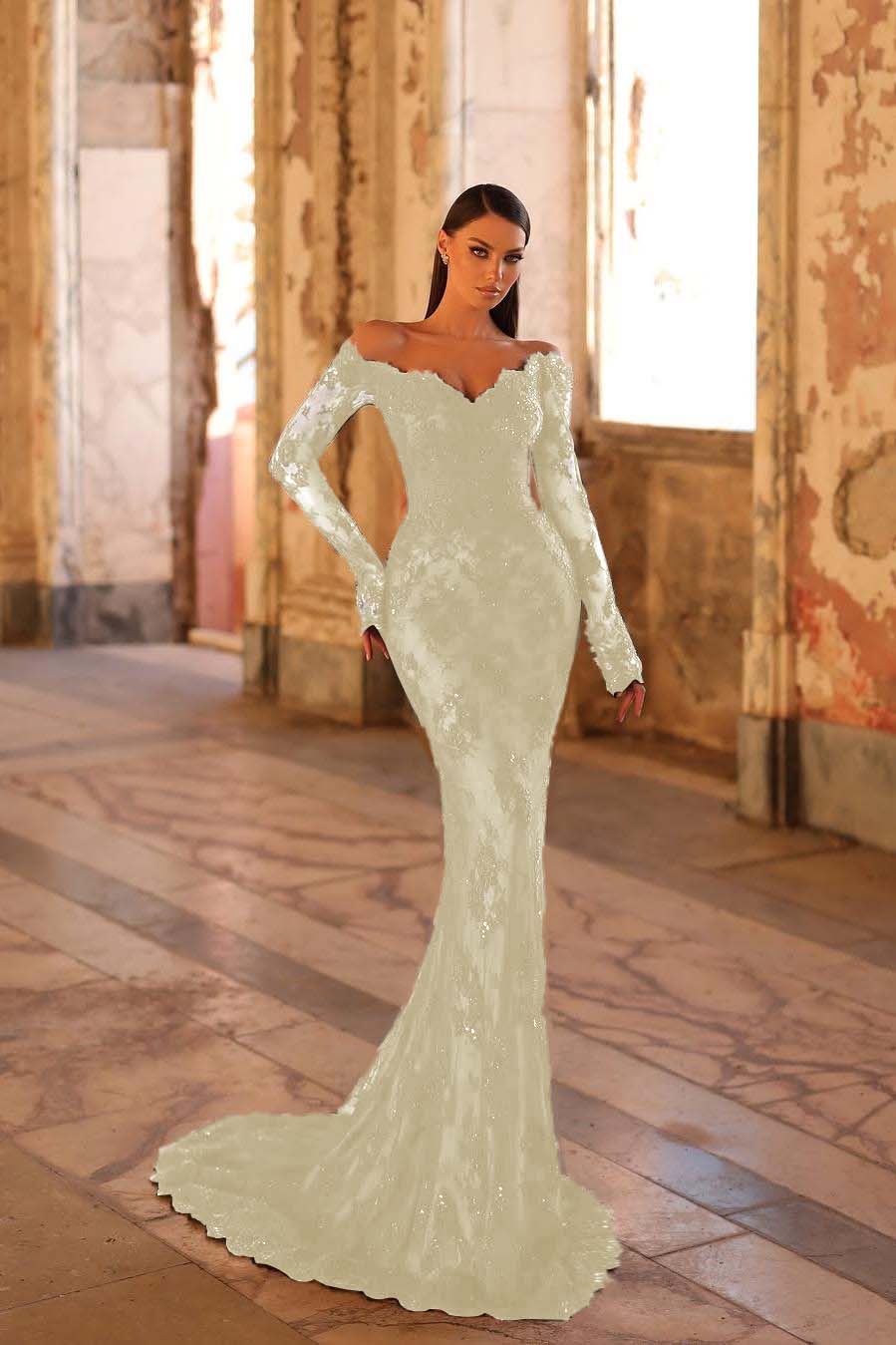 Elegant Black Lace Long Sleeves Off the Shoulder Mermaid Long Prom Dress with Beadings