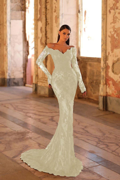 Elegant Black Lace Long Sleeves Off the Shoulder Mermaid Long Prom Dress with Beadings