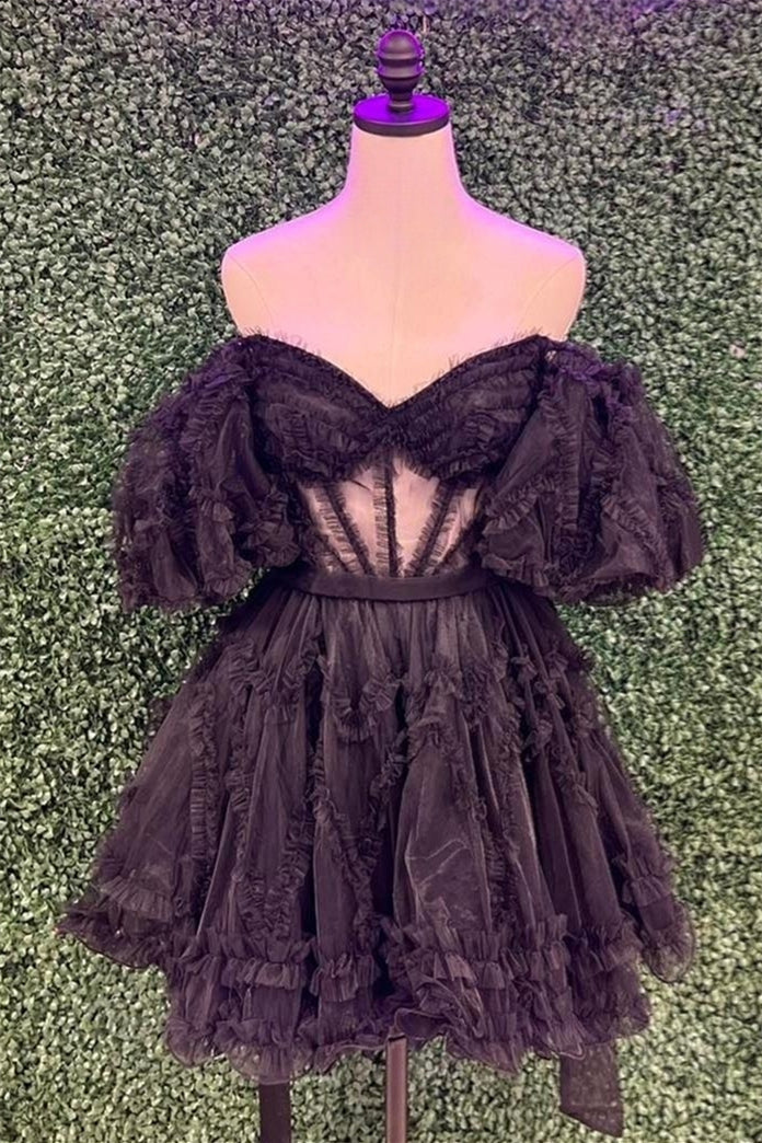 Blush Pink A-line Off-the-Shoulder Ruffled Puff Sleeves Homecoming Dress