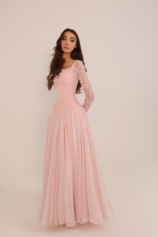 Glamorous Candy Pink Chiffon Long Sleeves Long Evening Dress With Sequins