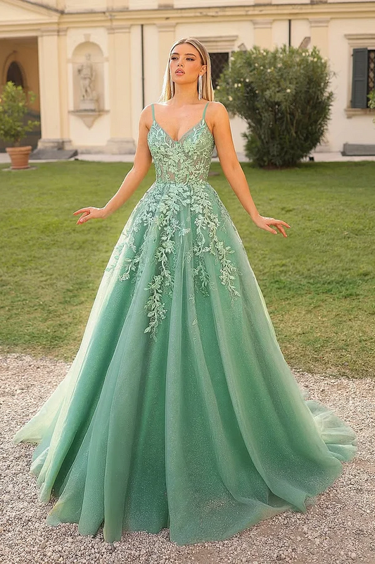 Sleeveless Spaghetti Straps V-Neck A-Line Prom Dress