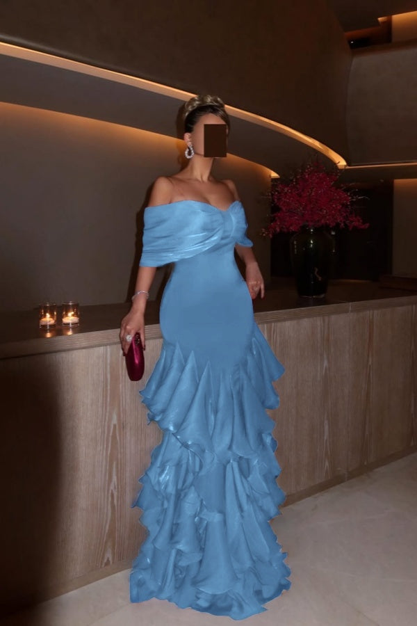 Glamorous Orchid Off the Shoulder Ruffles Evening Dress with Pleated