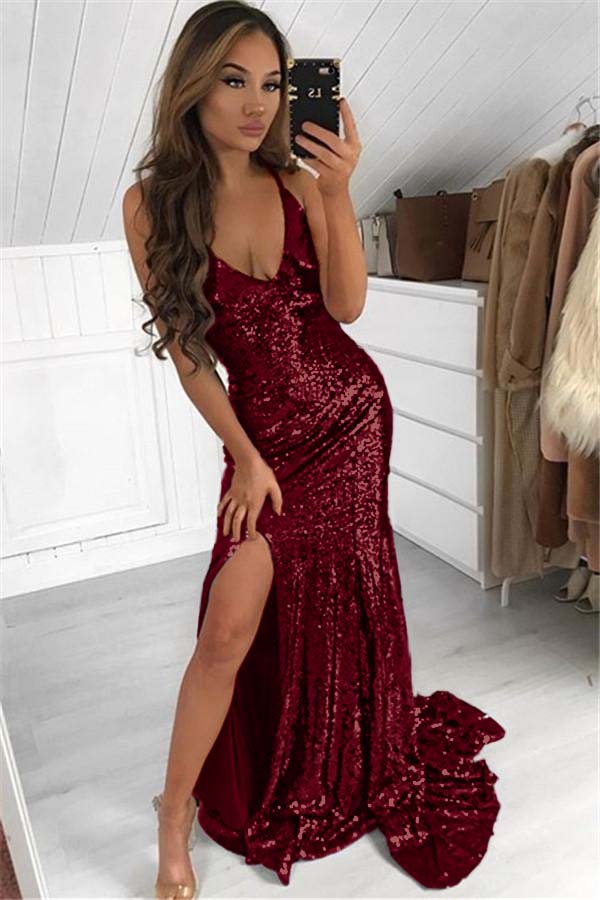 Dark Navy Sequins Prom Dress Modern V-Neck