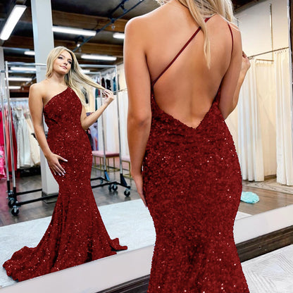 Royal Blue Mermaid One-Shoulder Prom Dress With Sequins