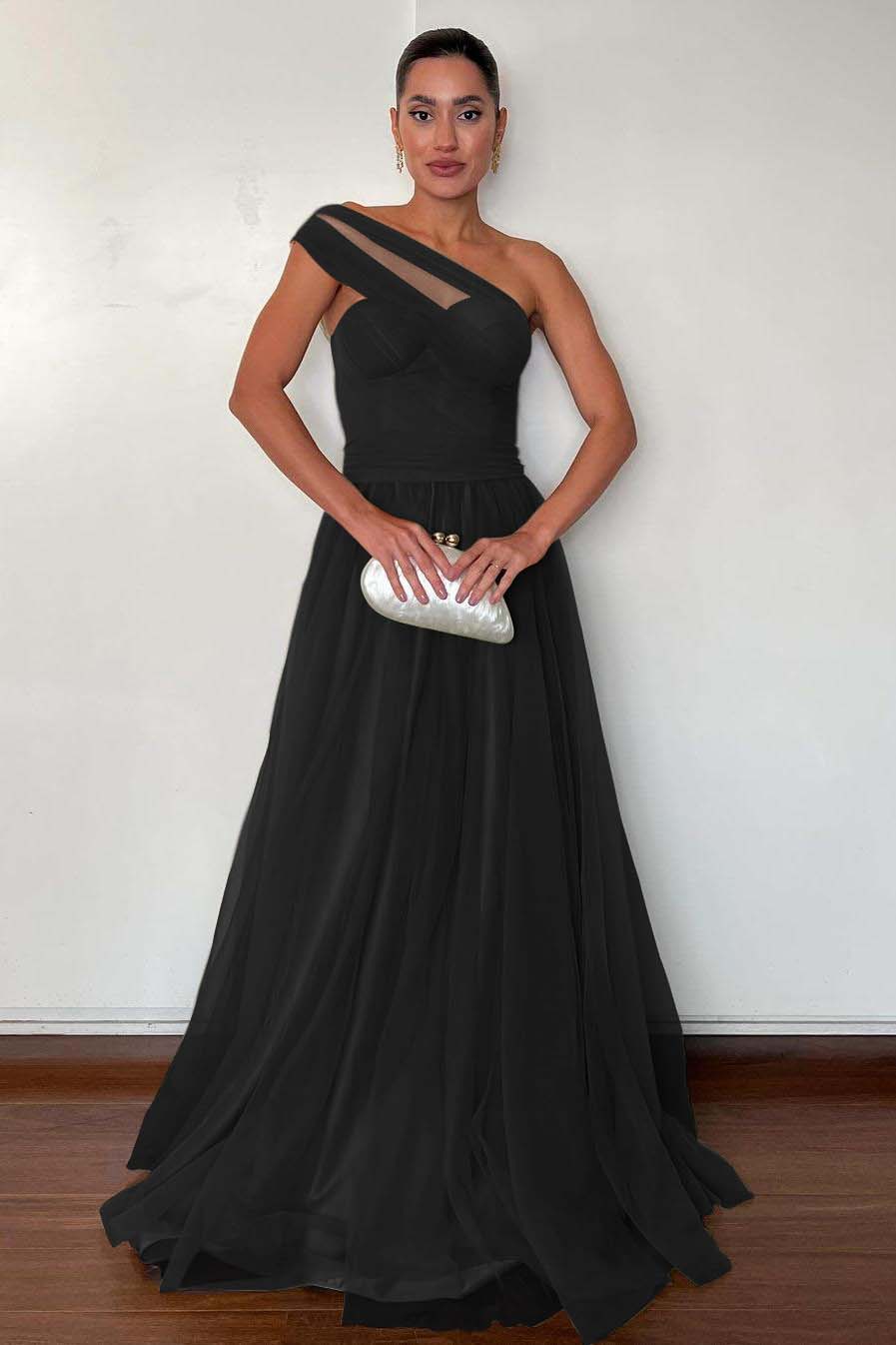 Stunning Green Tulle One Shoulder Sleeveless Long Prom Dress with Pleated