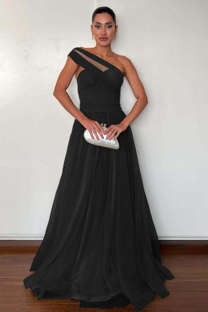 Stunning Green Tulle One Shoulder Sleeveless Long Prom Dress with Pleated