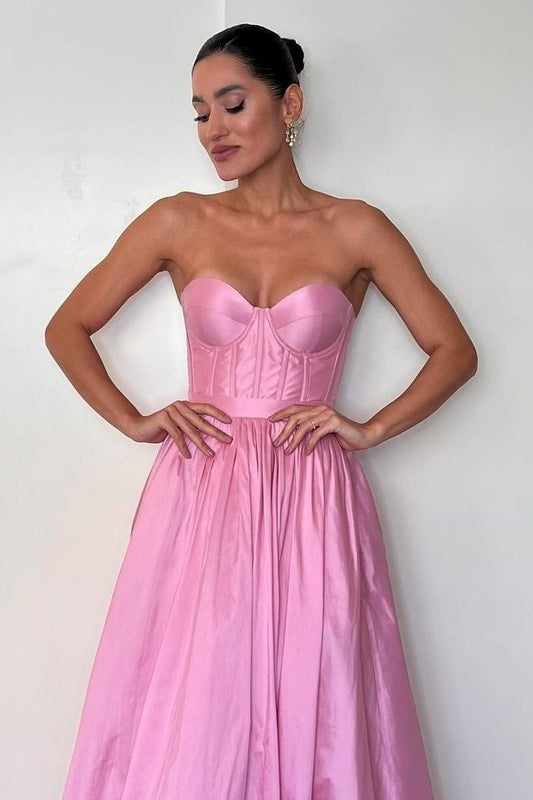 Stunning Pink Satin Sweetheart Sleeveless Strapless Long Prom Dress with Pleated