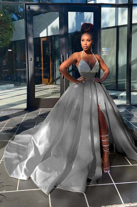 Glamorous Yellow Sequins V-Neck A-Line Prom Dress  Sleeveless With Split