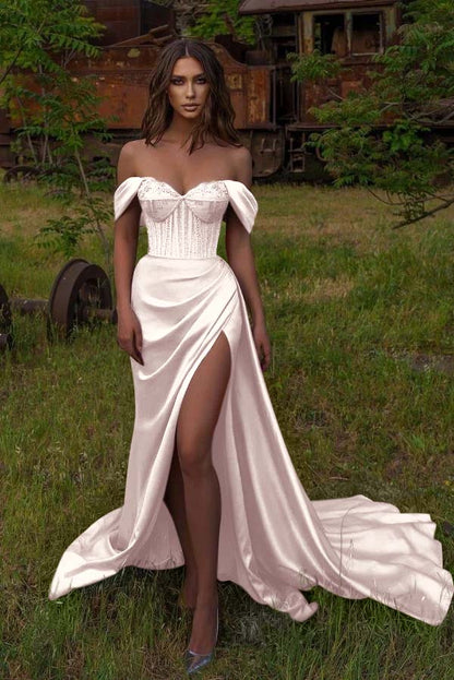 Mermaid Off-the-Shoulder Beadings Sweetheart Prom Dress Slit
