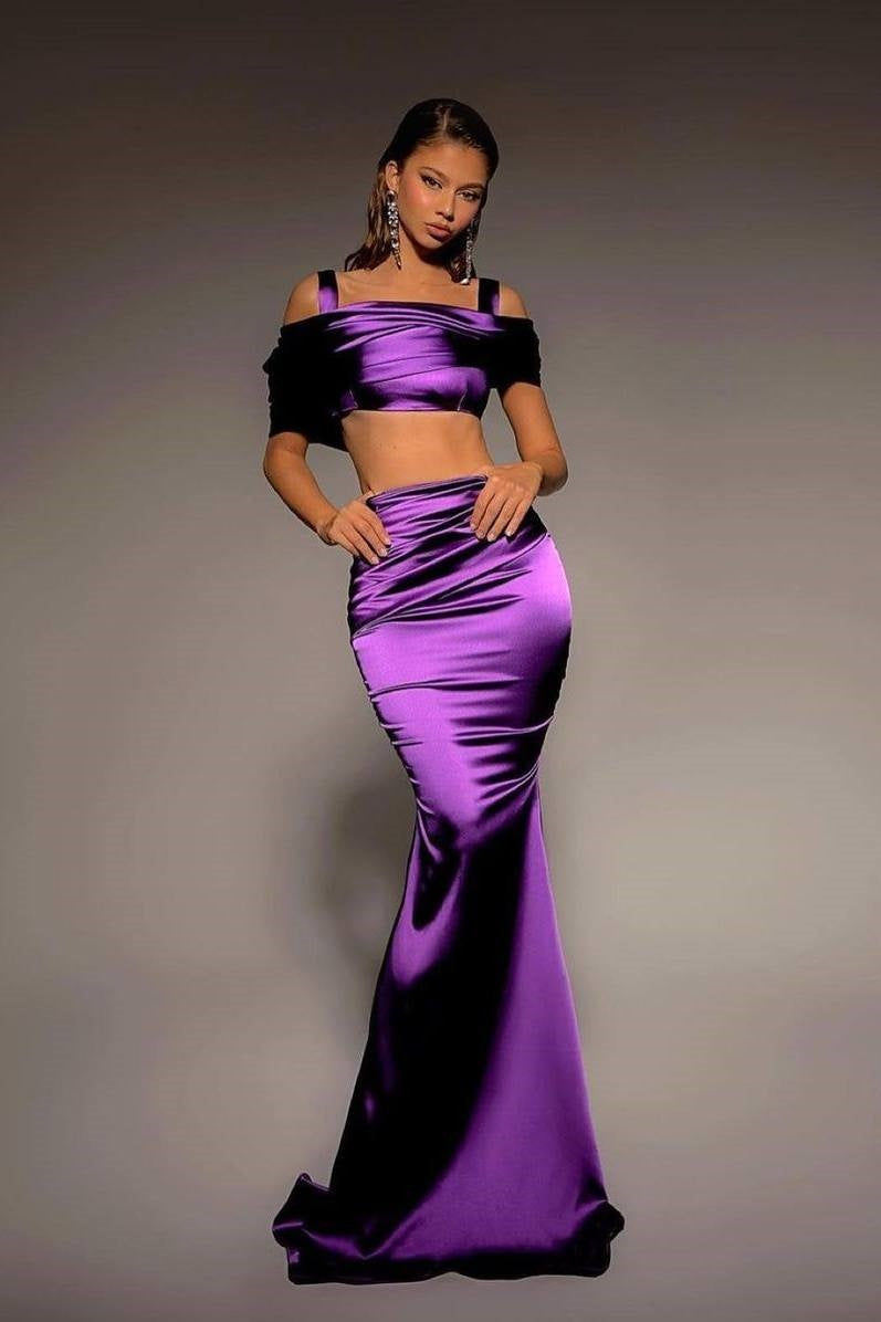 Purple Sleeveless Spaghetti Straps Off-Shoulders Mermaid Prom Dress