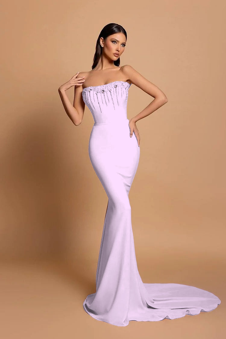 Strapless Pink Sleeveless Long Mermaid Beading Evening Dress