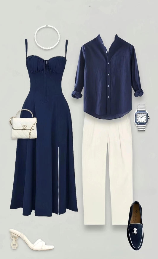 Navy Blue A Line Spaghetti Strap Satin Prom Dress Outfits with Slit SH4613