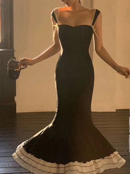 Sexy Black Mermaid Strap Satin Long Prom Dress Sweet Formal Party Dress SH2574