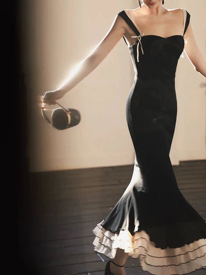 Sexy Black Mermaid Strap Satin Long Prom Dress Sweet Formal Party Dress SH2574